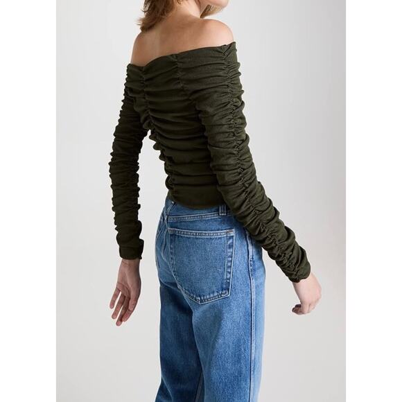 Line and Dot Billie Off Shoulder Top Ruching Stretchy Form Fitting Green Size M - Picture 5 of 14